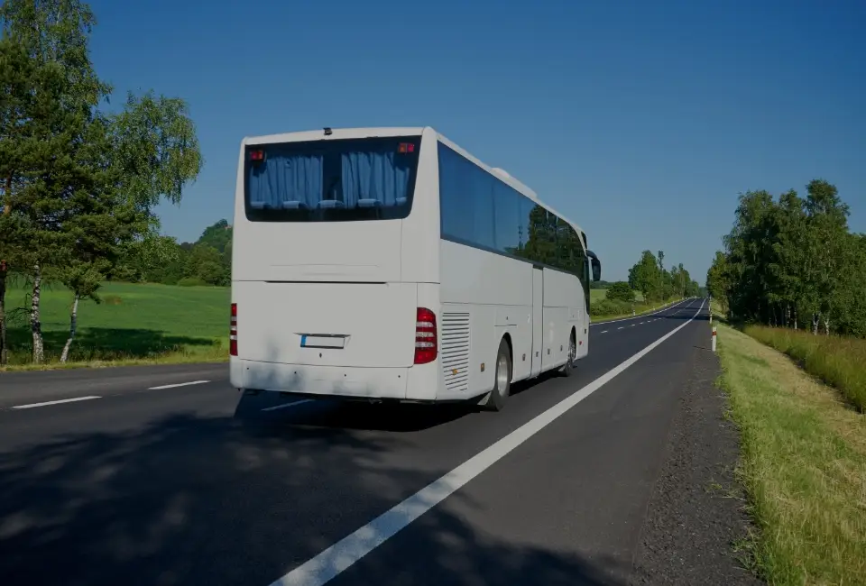 biały autobus na drodze